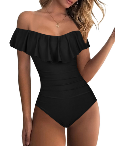 Hilor Women's Off Shoulder One Piece Swimsuits Retro Tummy Control Swimwear Flounce Ruffled Bathing Suit