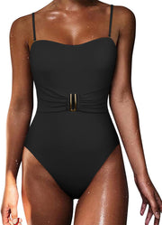 Hilor Women's Belted Tummy Control One Piece Swimsuit High Cut Slimming Monokini Bathing Suits