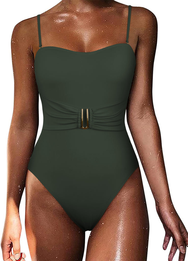 Hilor Women's Belted Tummy Control One Piece Swimsuit High Cut Slimming Monokini Bathing Suits