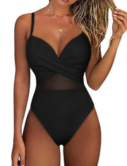 Hilor Underwire One Piece Swimsuits for Women Sexy Cutout Mesh Criss Cross Push Up Bathing Suits