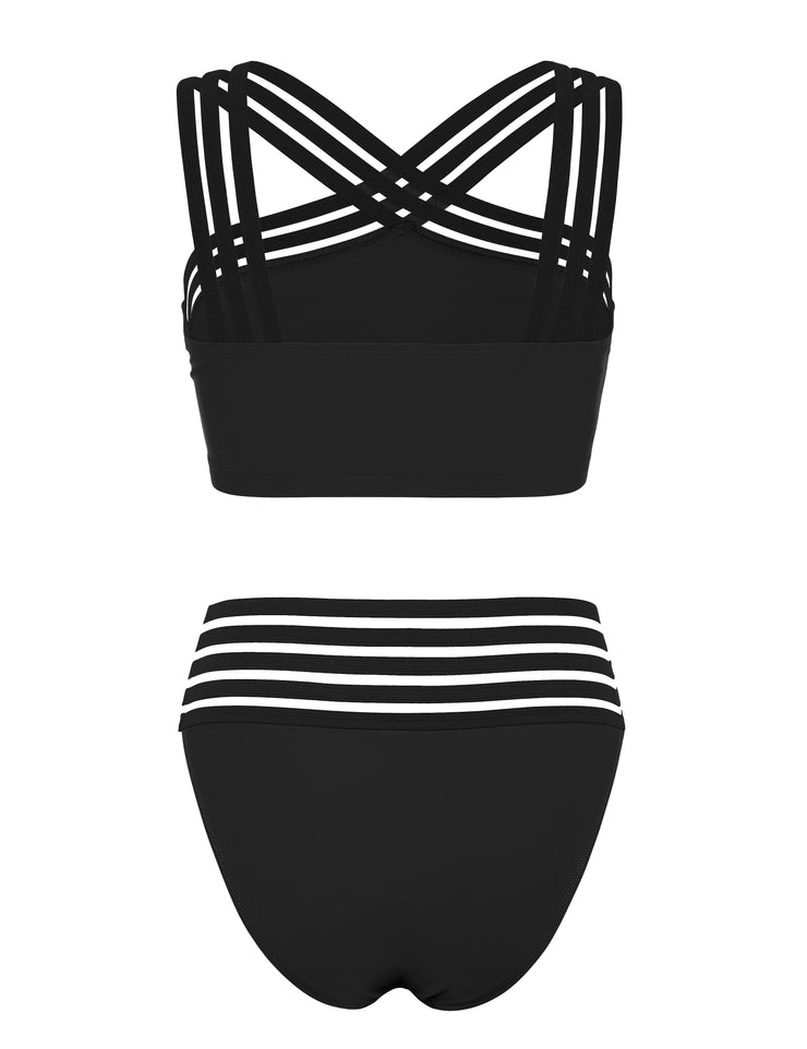 Hilor Women's Two Piece Bathing Suits Front Crossover Swimsuits Sexy Stripe Hollow High Waisted Bikini Swimwear