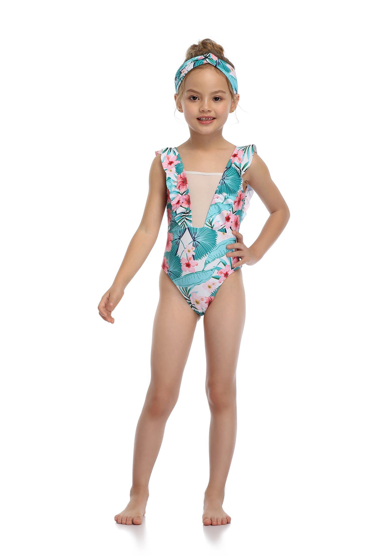 Hilor Girl's One Piece Swimsuits Ruffled Beach Swimwear Kids Cross Back Bathing Suits Monokinis