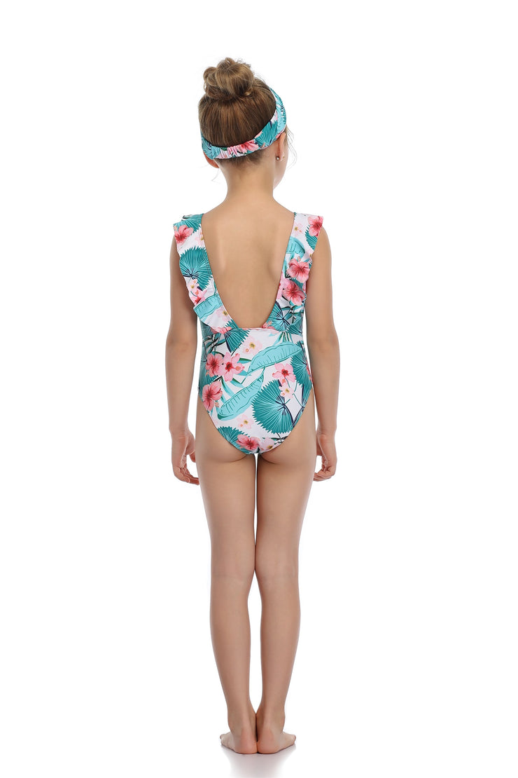 Hilor Girl's One Piece Swimsuits Ruffled Beach Swimwear Kids Cross Back Bathing Suits Monokinis