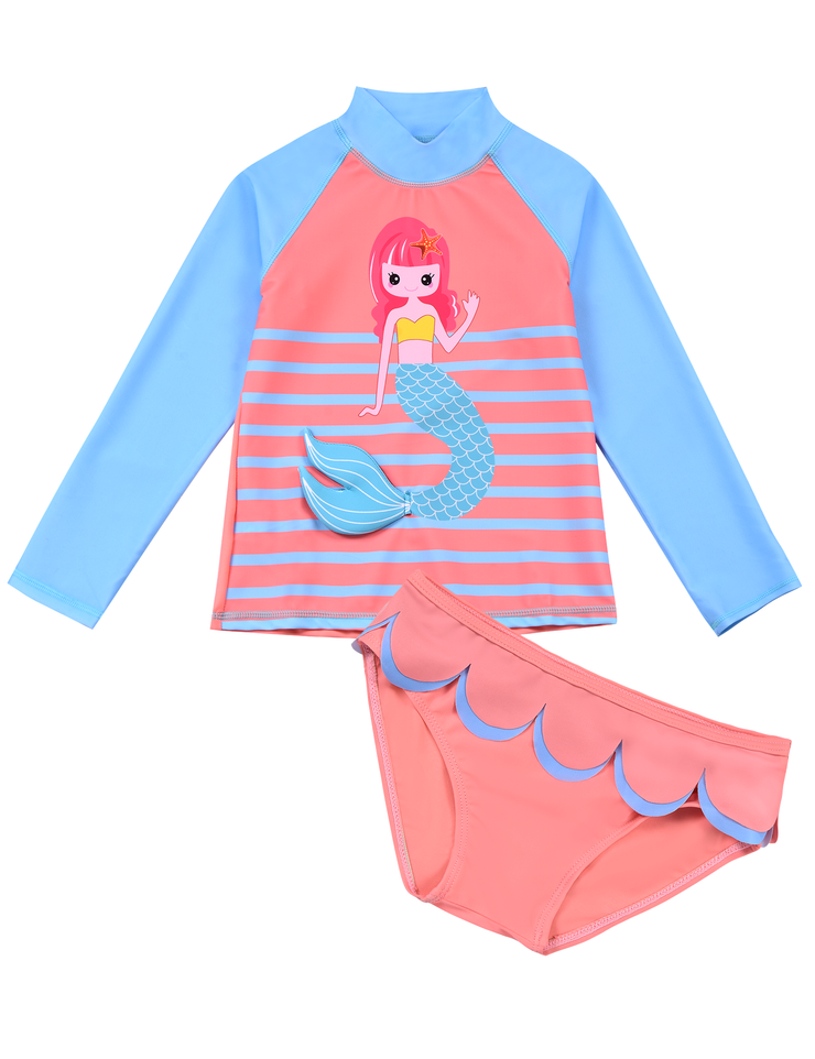 Hilor Girl's Two Piece Mermaid Swimsuits Long Sleeves Rashguard UPF 50+ Tankini Set Bathing Suits