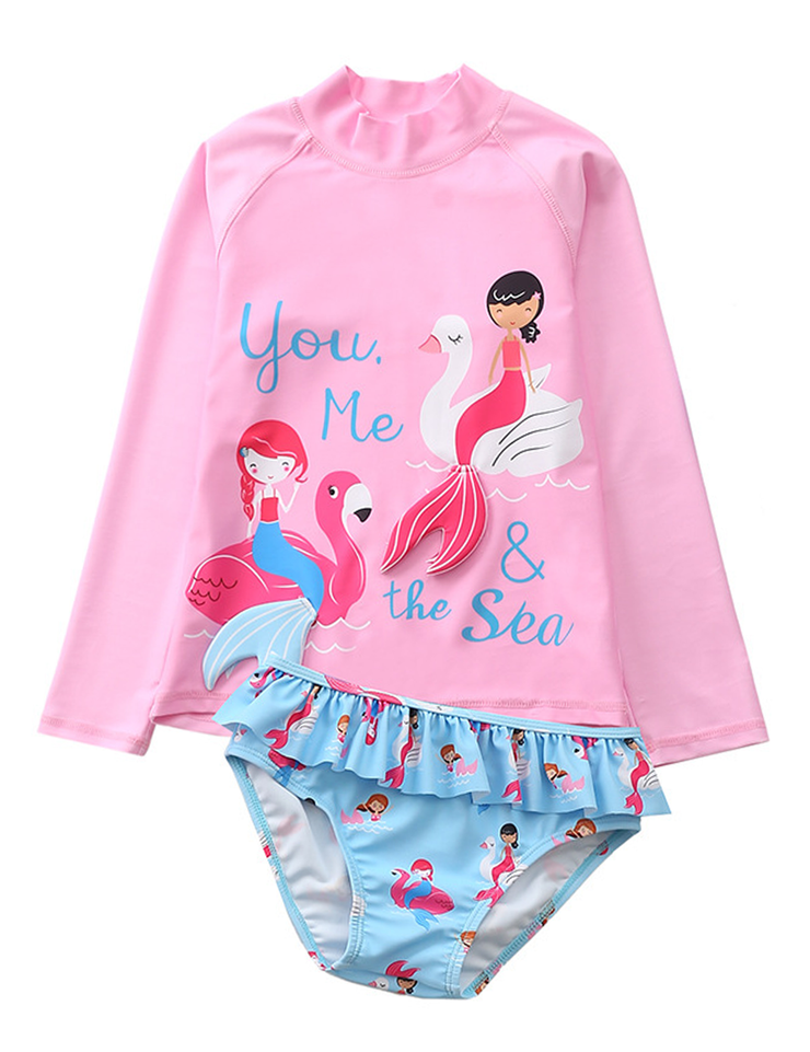 Hilor Girl's Two Piece Mermaid Swimsuits Long Sleeves Rashguard UPF 50+ Tankini Set Bathing Suits