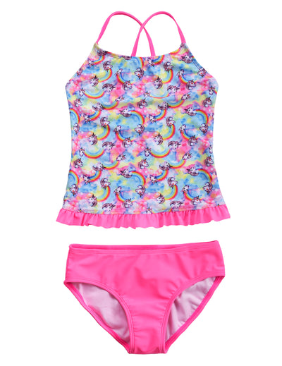 Hilor Girl's Two Piece Swimsuits Ruffle Hem Tankini Set Cross Back Swimwear Set