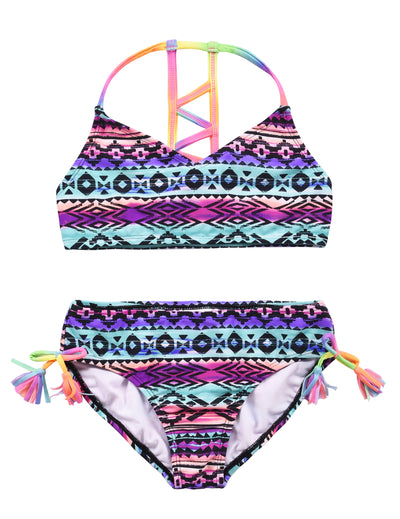 Hilor Girl's Strappy Bikini Set Two Piece Swimsuits Side Tie Hipster Swimwear Tassels Tankini Set