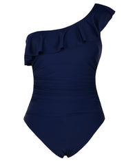 Hilor Women's One Shoulder Swimsuits Tummy Control One Piece Bathing Suits Asymmetric Ruffle Monokini Swimwear