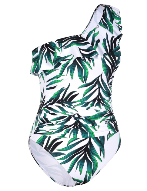Hilor Women's One Shoulder Ruffled One-Piece Swimsuit - Tummy Control Monokini (Army Green, Size 14)