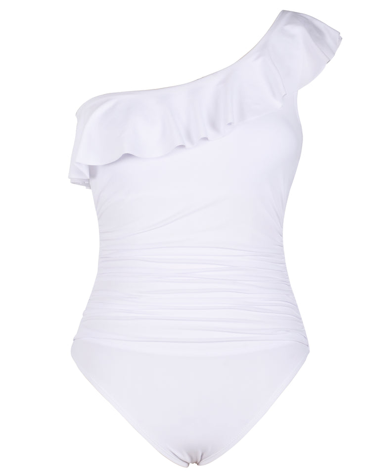 Tummy Control One Shoulder Ruffle One Piece Swimsuits-White