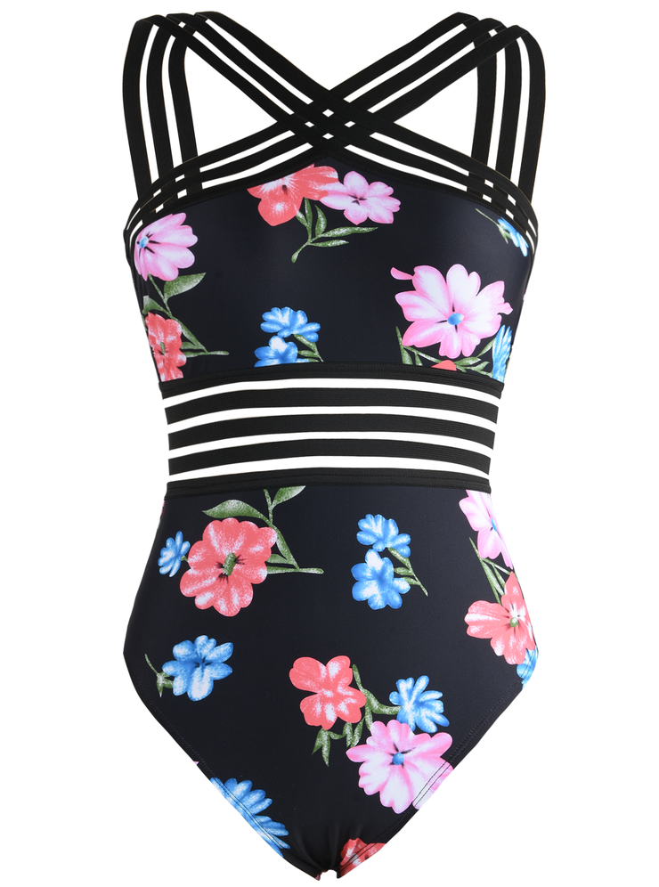 Hilor Women's One Piece Floral Swimwear Front Crossover Swimsuits Hollow Bathing Suits Monokinis