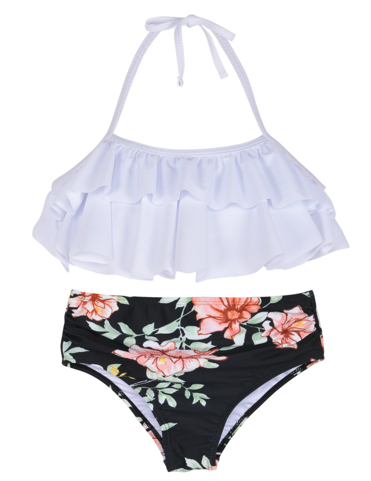 Hilor Girl's Bikini Set Crop Flounce Two Piece Swimsuits Kids Haler Bathing Suits