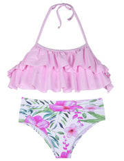 Hilor Girl's Bikini Set Crop Flounce Two Piece Swimsuits Kids Haler Bathing Suits