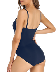 Hilor Women's One Piece Swimsuit Shirred Tummy Control Swimwear Vintage Flat U Neck Bathing Suits Monokini