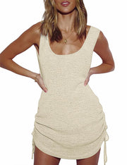 Hilor Women's Crochet Swimsuit Coverup Scoop Neck Bikini Cover Ups Drawstring Swimwear Beach Dress