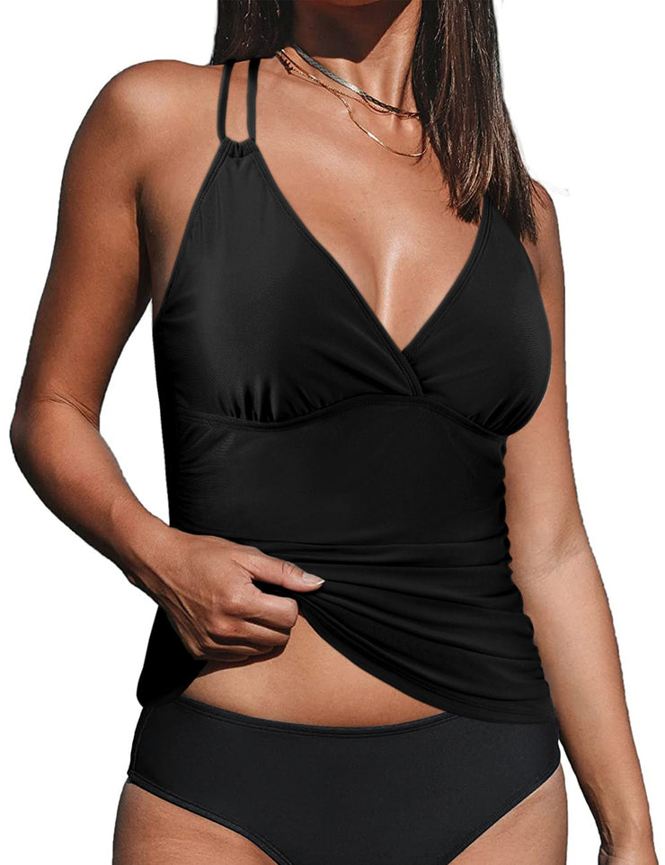Hilor Women's Underwire Tankini Top Only Ruched Tummy Control Bathing Suits V Neck Crossback Swim Tops