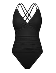 Hilor Women's Underwire One Piece Swimsuits Ruched V Neck Tummy Control Bathing Suit Criss Cross Monokini Swimwear