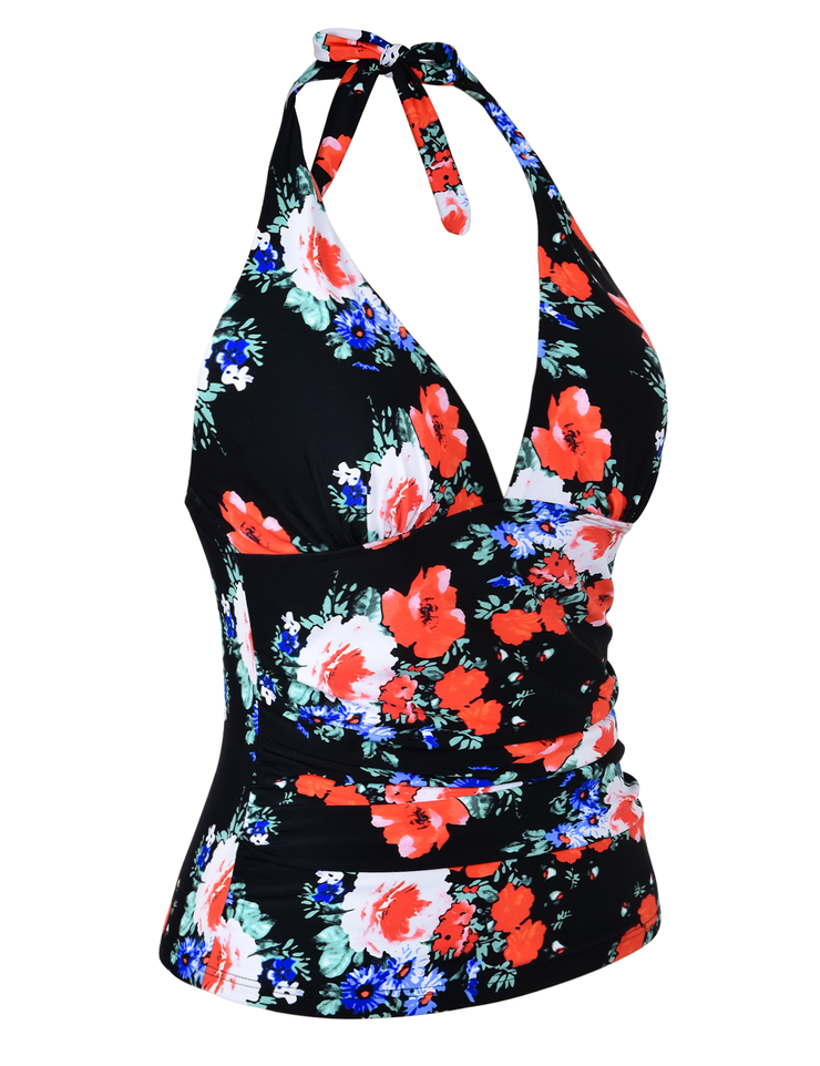 Hilor Women's Plunging V Neck Halter Swim Tops Floral Shirred Tankini Top