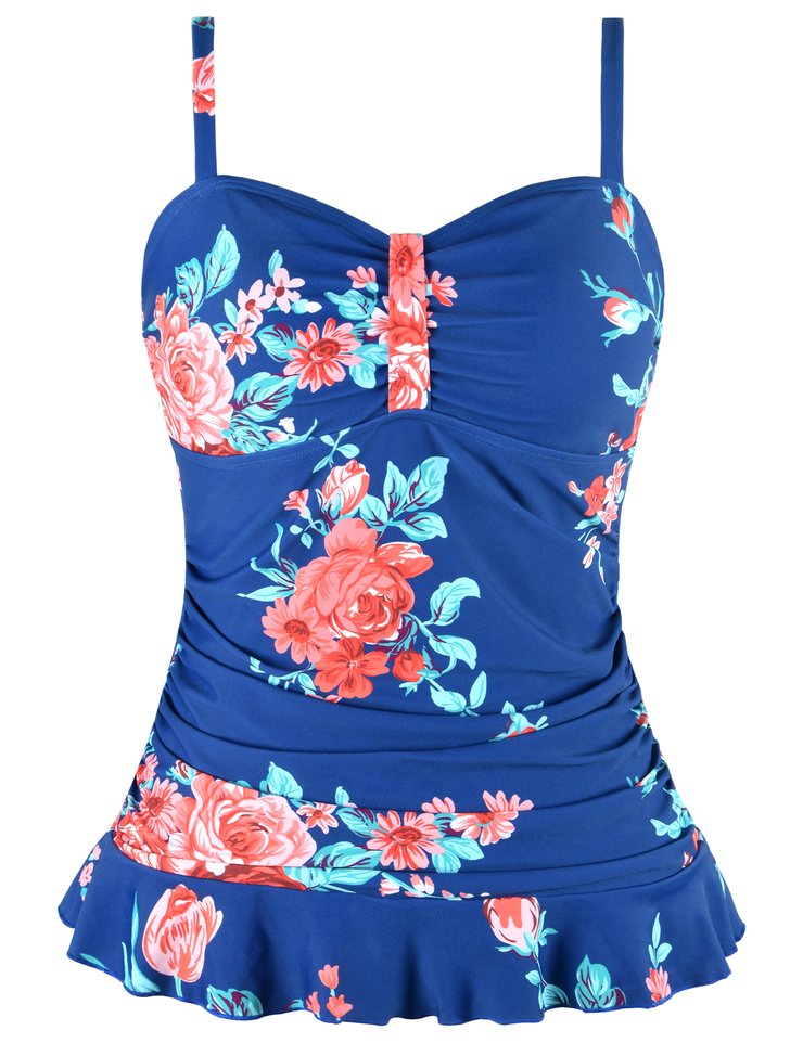 Hilor Women's 50's Retro Floral Ruched Tankini Swimsuit Top with Ruffle Hem