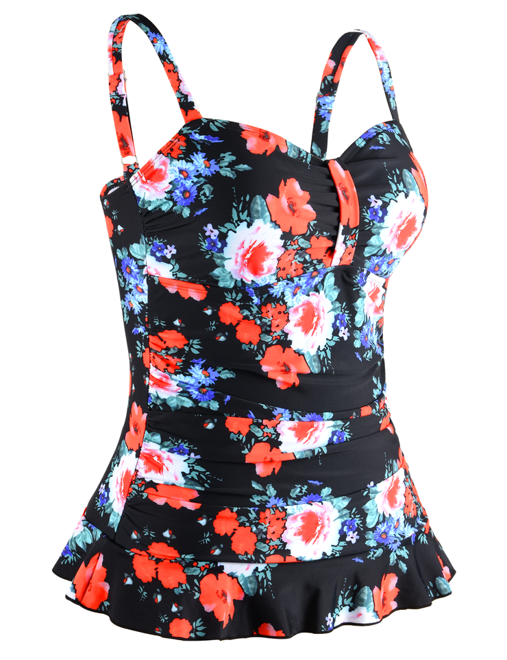 Hilor Women's 50's Retro Floral Ruched Tankini Swimsuit Top with Ruffle Hem
