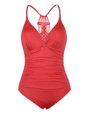Hilor Women's Shirred Halter One Piece Swimsuits Macrame Back Swimwear Tummy Control Bathing Suit