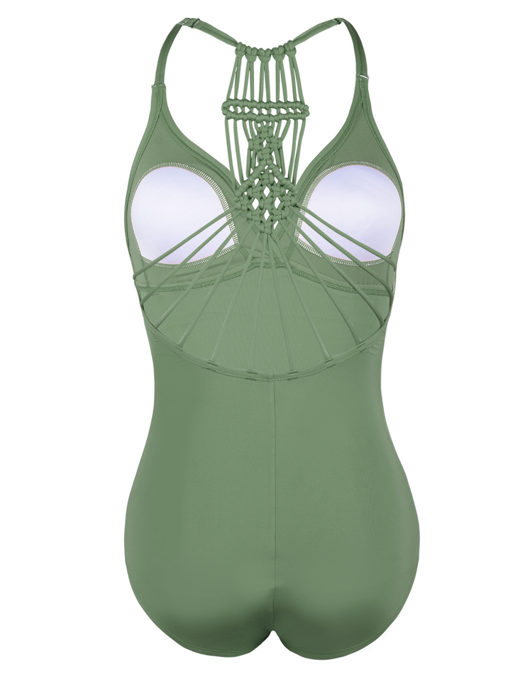 Hilor Women's Shirred Halter One Piece Swimsuits Macrame Back Swimwear Tummy Control Bathing Suit