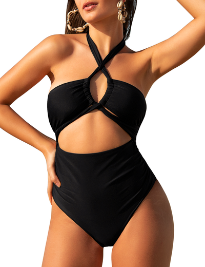 Hilor Women's One Piece Swimsuit Sexy Cutout Halter Bathing Suits Crossover High Cut Monokini Swimwear