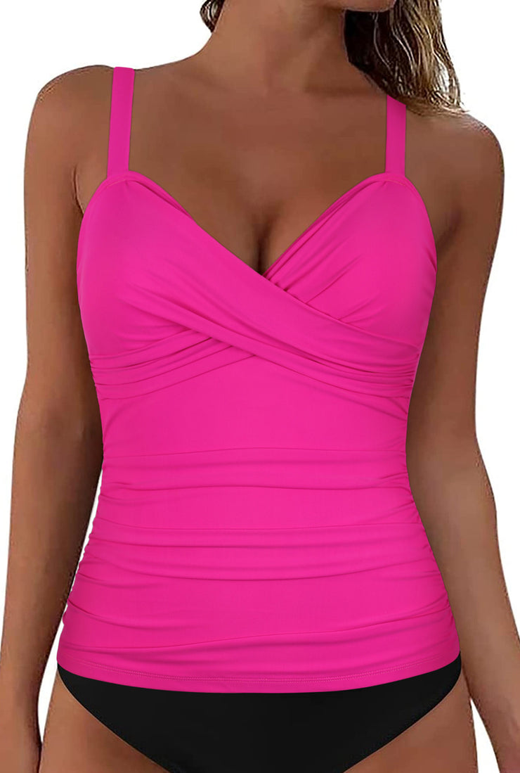Hilor Women's Underwire Tankini Top Ruched Tummy Control Bathing Suit Tops Twist V Neck Swim Top Swimwear Only